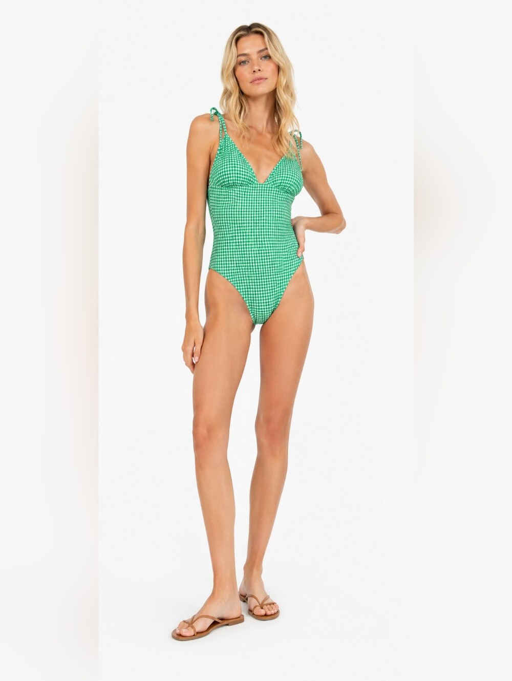 Time and Tru Size S Green Gingham One-Piece Swimsuit